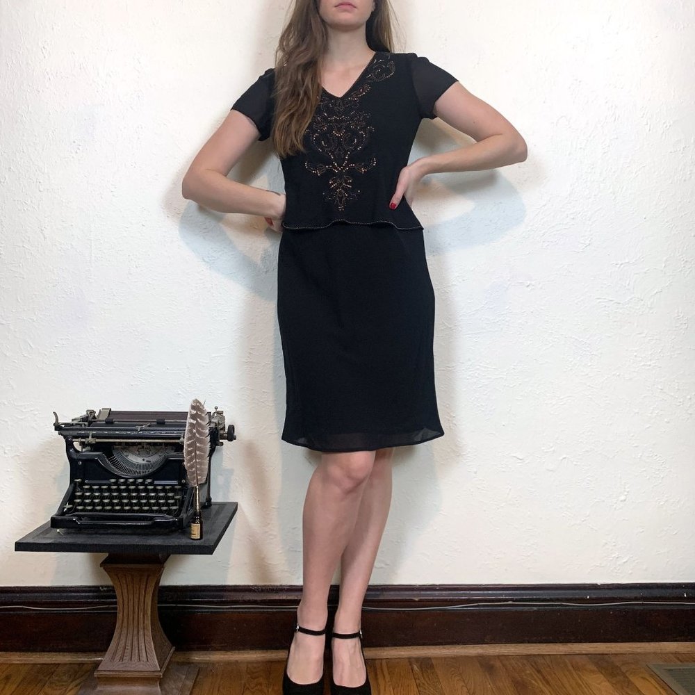 Positive Attitude vintage 80s black short sleeve gold beaded cocktail dress